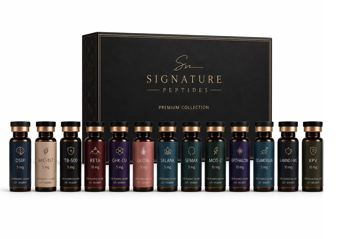 Signature Peptides Premium Collection box with the full vial lineup